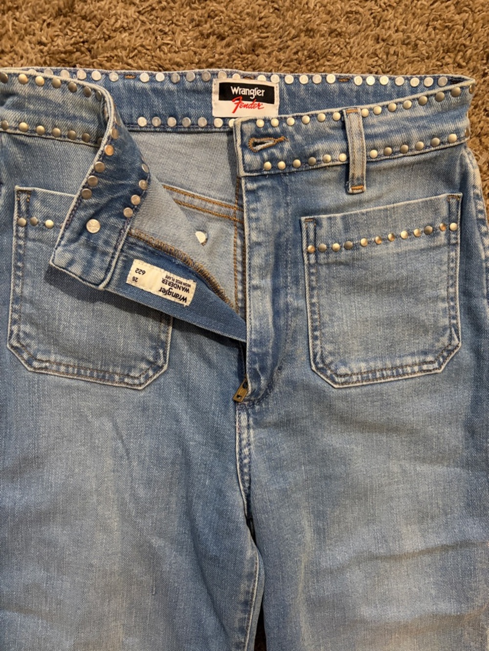 Wrangler x Fender Light Blue Denim Jeans with Silver Stud Accents